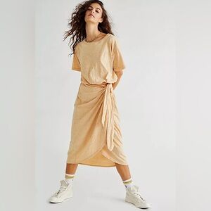Free People Beach Leila Cotton Short Sleeve Midi Dress Wrap Size Med Yellow